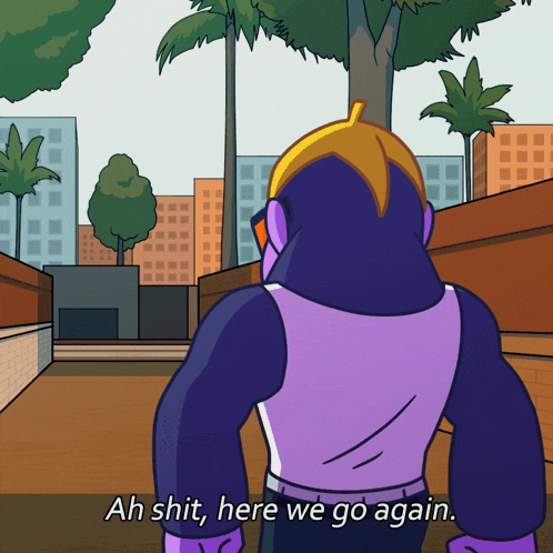 a cartoon of a superhero says ah shit here we go again