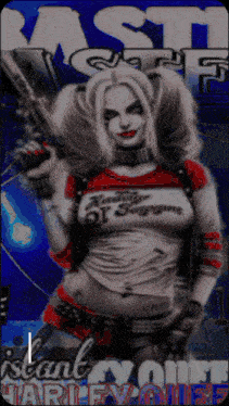 harley quinn from suicide squad is holding a gun on a poster