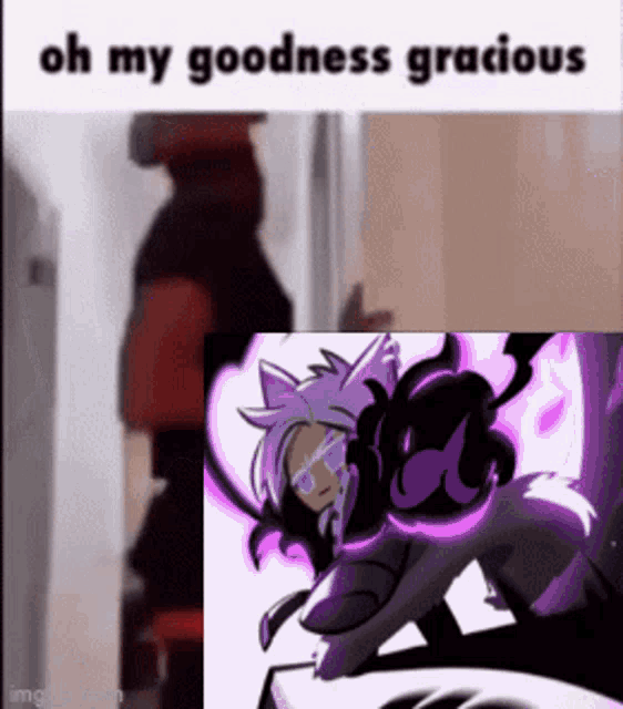 a meme of a man standing in a doorway next to a picture of a cat with purple hair