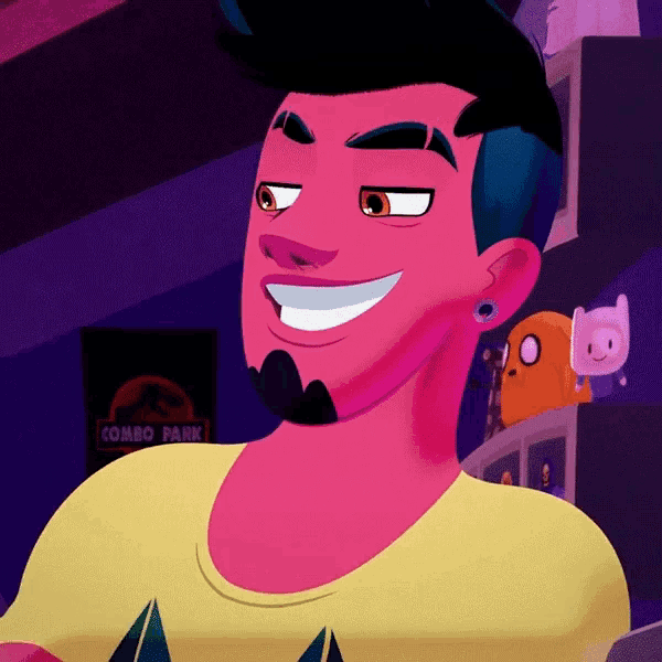 a cartoon character stands in front of a combo park sign