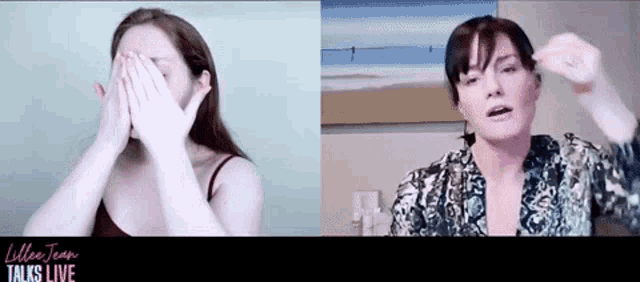 a woman is covering her face with her hands while another woman looks at her .