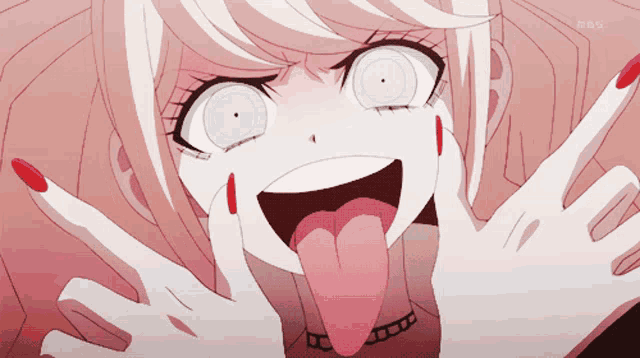 a girl with white eyes and red nails sticking out her tongue