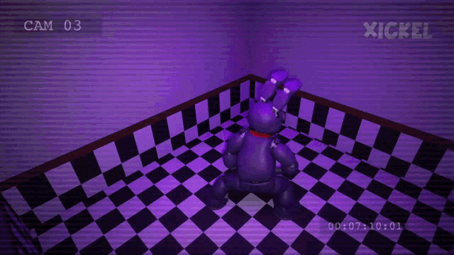 a video game screen shows chica from five nights at freddy 's standing in a room
