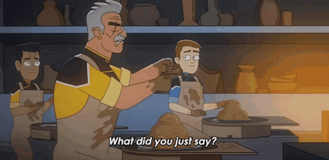 a cartoon shows a man asking another man what he just said