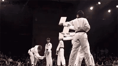 a group of karate fighters are performing a trick on a stage .
