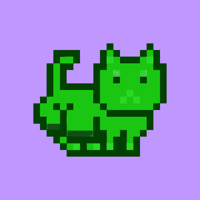 a pixel art drawing of a green cat with a yellow nose