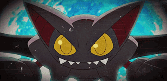 a cartoon drawing of a cat with yellow eyes