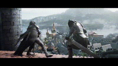two men are fighting with swords in front of a city .