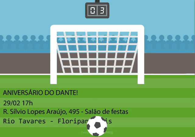 a soccer field with a goal and a scoreboard with the number 03