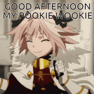 a cartoon of a girl with pink hair and the words good afternoon my pookie wookie