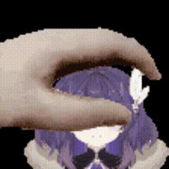 a pixel art of a hand holding a purple haired girl 's head .