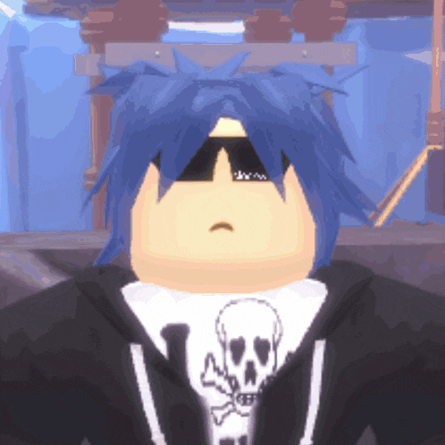 a cartoon character with blue hair is wearing sunglasses and a skull shirt