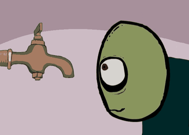 a cartoon character with a red eye is looking at a water faucet