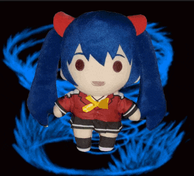 a stuffed doll with blue hair and a red bow