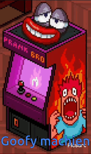 a pixel art illustration of an arcade game called goofy machine