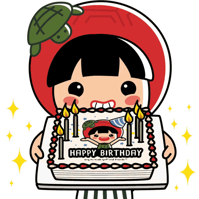 a cartoon character is holding a birthday cake with the words happy birthday written on it