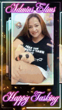 a woman is sitting on a bed with a teddy bear in her lap and the words admins elms happy tasking