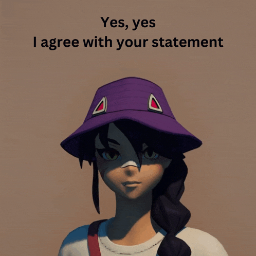 a picture of a girl wearing a purple hat with the words yes yes i agree with your statement