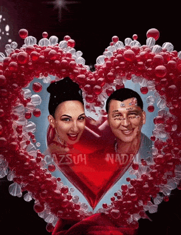 a man and a woman are in a heart made of balloons