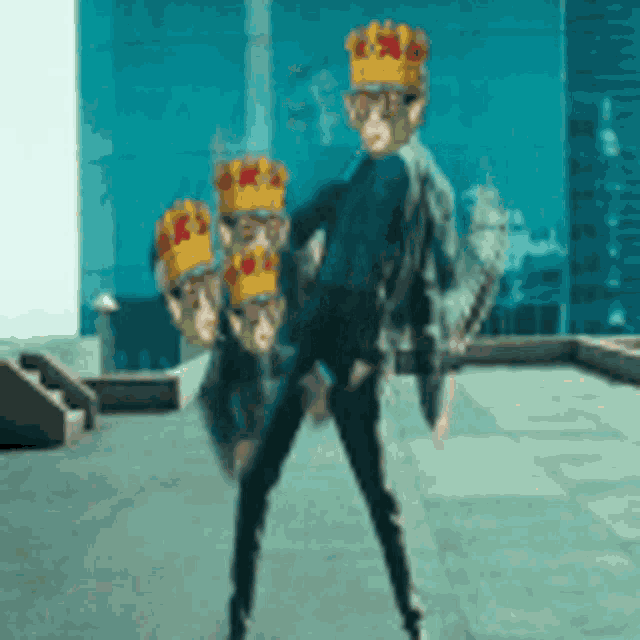 a man with a crown on his head is standing in front of a glass building