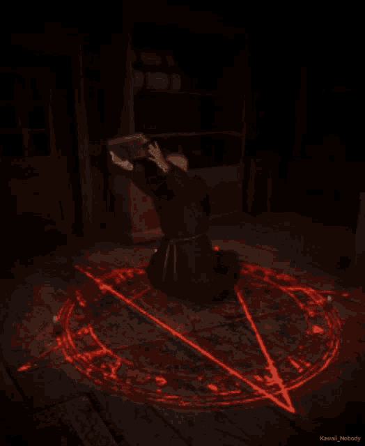 a man is kneeling in a pentagram with the name kawaii_nobody on the bottom right