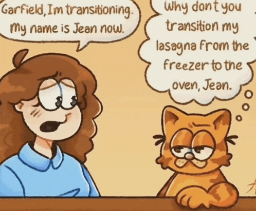 a cartoon of garfield talking to a girl about lasagna