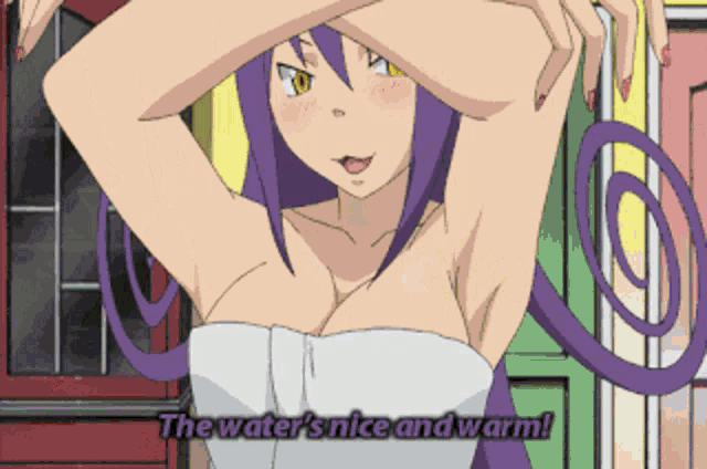 a cartoon girl with purple hair is wrapped in a white towel and says the water 's nice and warm