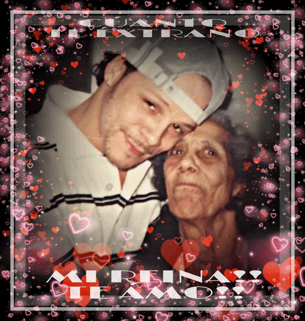 a picture of a man and an older woman with hearts around them and the words " mi reina texas "