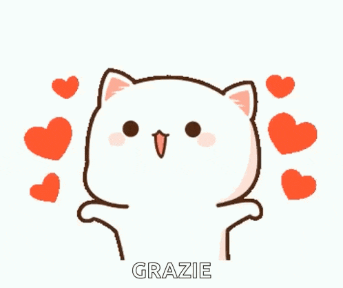 a cartoon cat is surrounded by hearts and the word grazie is below it
