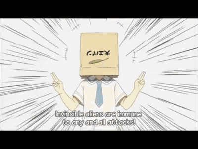 a cartoon character with a cardboard box on his head and the words invincible aliens are immune to any and all attacks