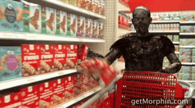 a zombie is pushing a red shopping cart in a grocery store with the website getmorphin.com in the corner
