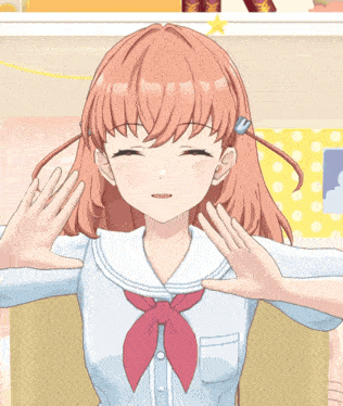 a girl with red hair and a white shirt with a red bow around her neck