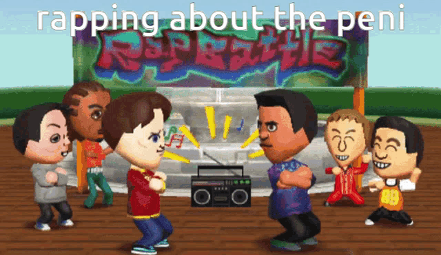 a group of cartoon characters are dancing in front of a sign that says rapping about the peni