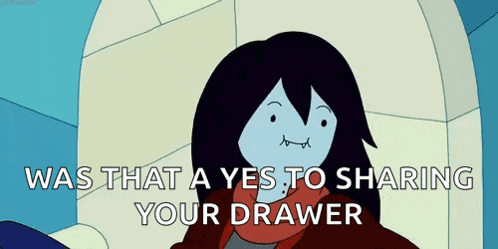 a cartoon character from adventure time is sitting on a throne and says `` was that a yes to sharing your drawer '' .