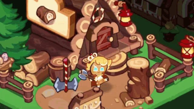 a gingerbread cookie holding an axe standing in front of a gingerbread house