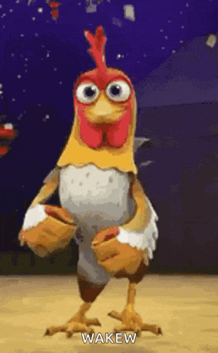 a cartoon chicken is dancing with the words wakew written on the bottom
