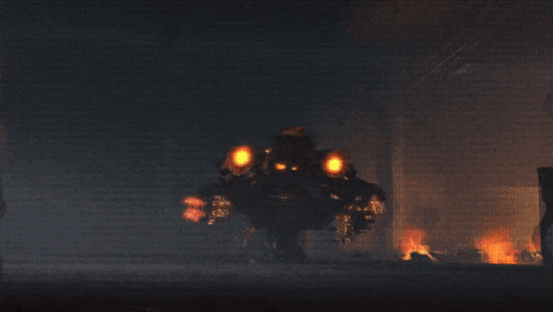 a robot wearing a gas mask is flying through the air with flames behind it