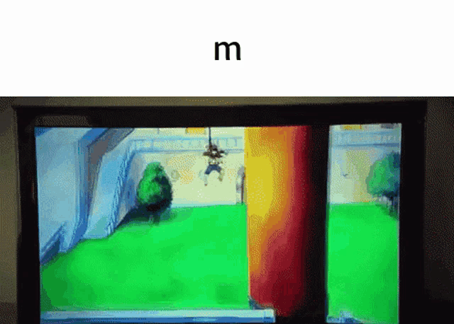 a cartoon character is hanging from a rope with the letter m above it