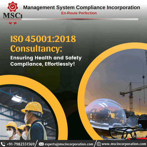 an advertisement for management system compliance incorporation shows a man wearing a hard hat