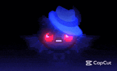 a pixel art of a bat with red eyes and a blue hat