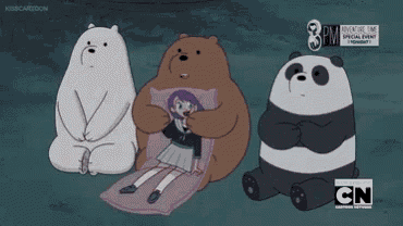 three bears are sitting next to each other with cn written on the bottom right