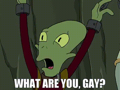 a cartoon character is asking the question what are you gay
