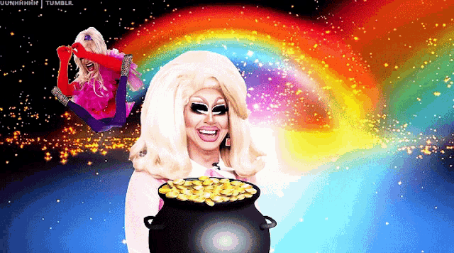 a drag queen is holding a pot of gold and smiling