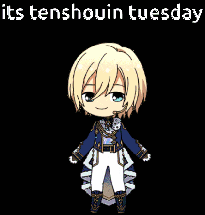 a cartoon character is dancing in front of a stained glass window with the words " its tenshouin tuesday " below him