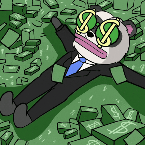 a cartoon of a panda wearing a suit and tie laying on a pile of money
