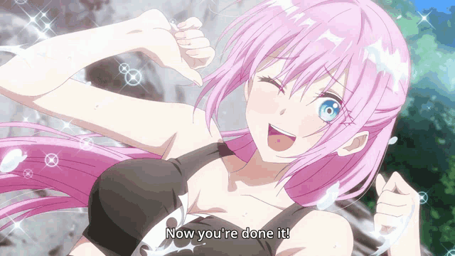 a girl with pink hair is giving a thumbs up and says now you 're done it
