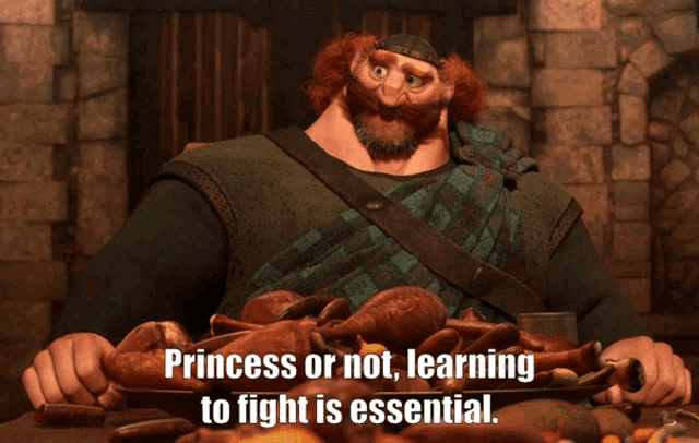 a cartoon character says princess or not learning to fight is essential while cutting meat