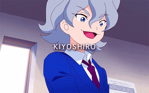 a cartoon character named kiyoshiro is wearing a blue suit and purple tie
