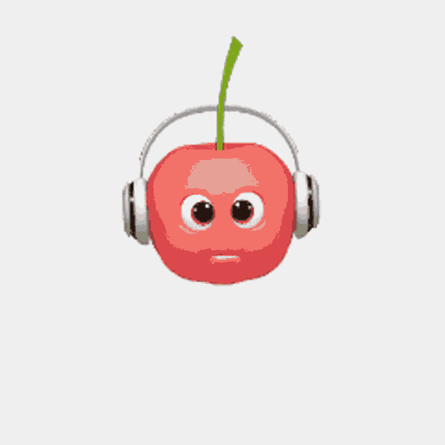 a cartoon cherry wearing headphones with a surprised expression on its face