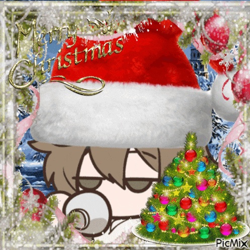 a picture of a person wearing a santa hat with the words merry christmas written on it